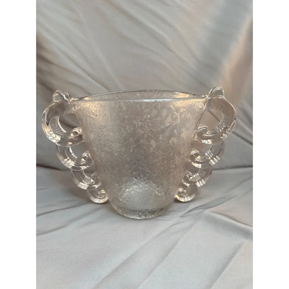 Vintage Clear Frosted Ice Crackle Glass Vase Scrolled Handles Art Deco 7in